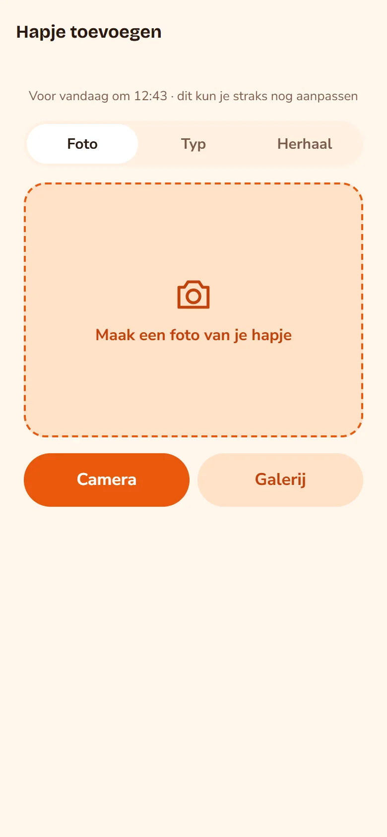 Schermafbeelding: hapje toevoegen met een foto, met knoppen Camera en Galerij