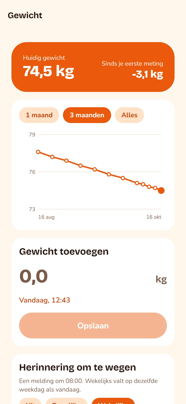 Schermafbeelding: gewicht bijhouden. Huidig gewicht 74,5 kg, 3,1 kg minder sinds de eerste meting, met een dalende grafiek over 3 maanden.
